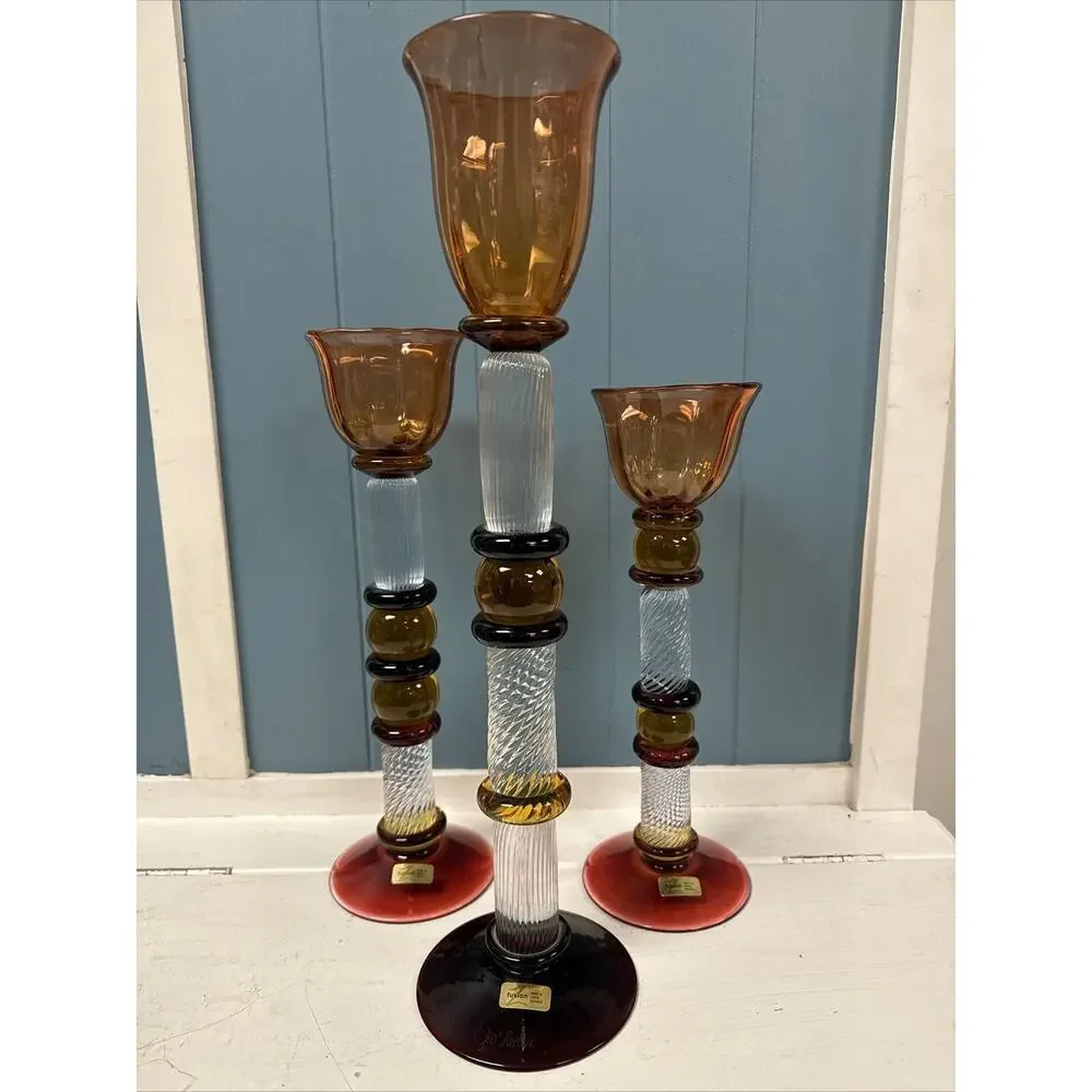 Set Of 3 Signed Czech Glass Z Fusion Art Glass Candlesticks Hand Blown‎ Helix